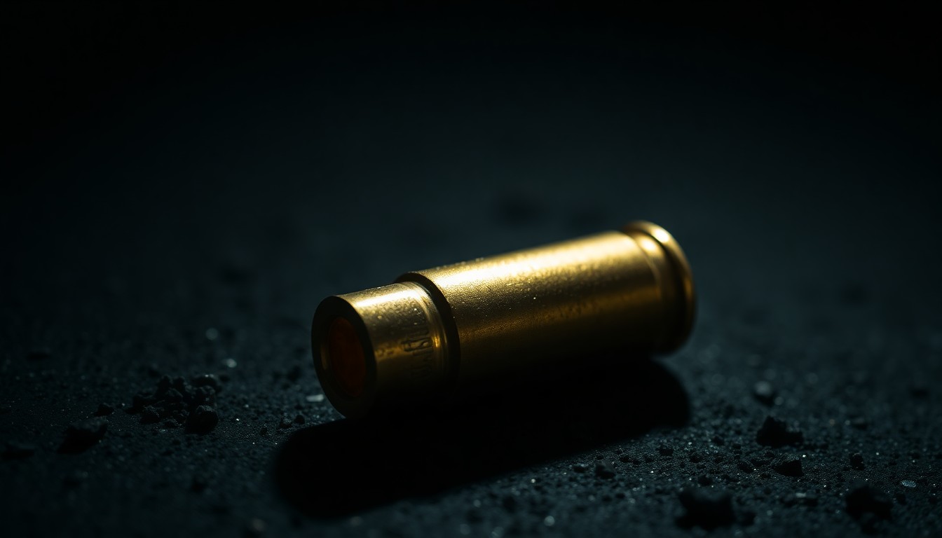 An extreme close-up of a spent bullet casing on a dark, textured surface, lit by a harsh, direct flash, conceptually representing the gritty details and high stakes of the Baltimore mass shooting trial.