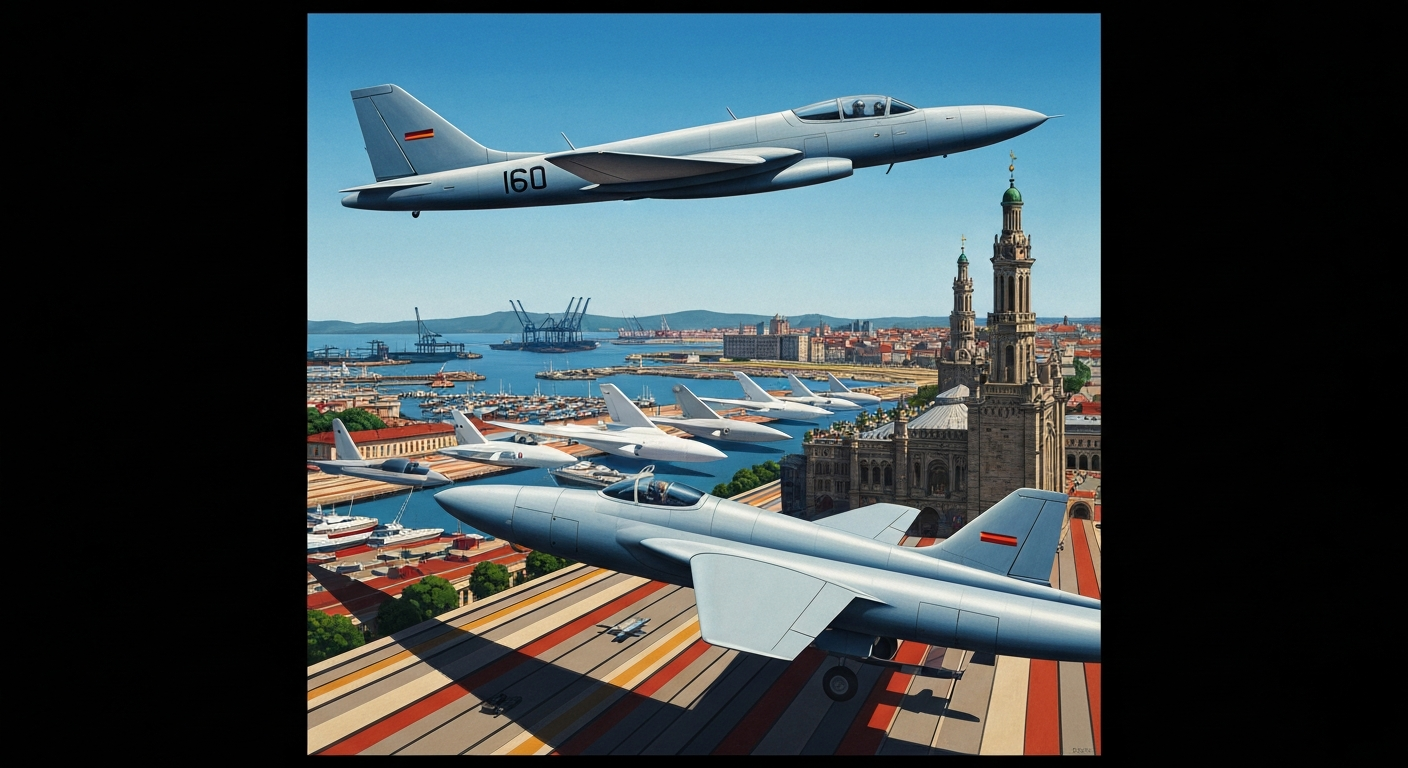 A bold, geometric illustration in the Art Deco style depicting the sweeping, monumental scale of an airshow over a harbor, with sleek, streamlined forms of aircraft and architecture without any literal people or text.