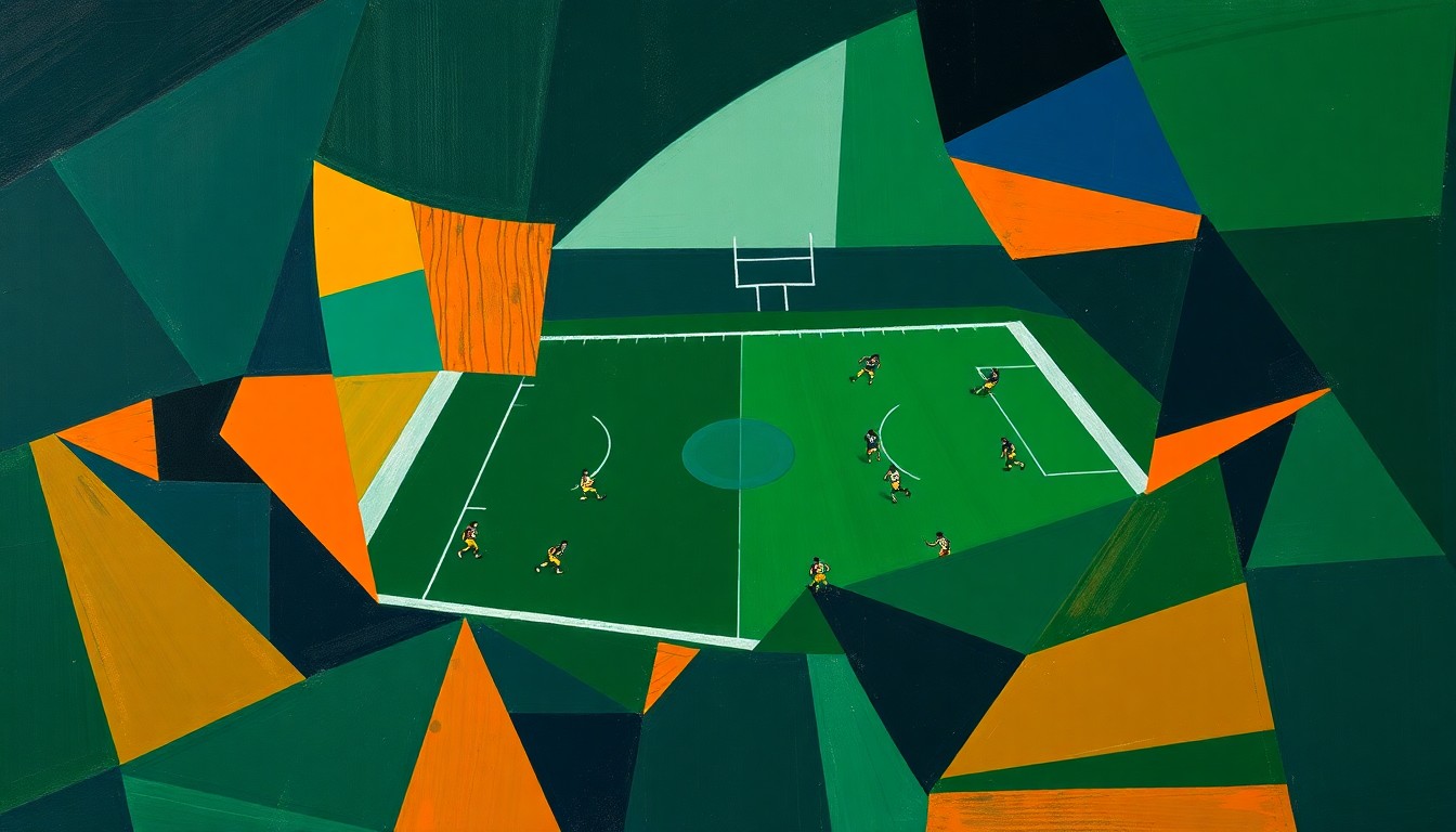 A cubist, geometric painting depicting a fragmented football game, with sharp, overlapping planes of navy, green, and orange conveying the intricate dynamics of the labor negotiations.