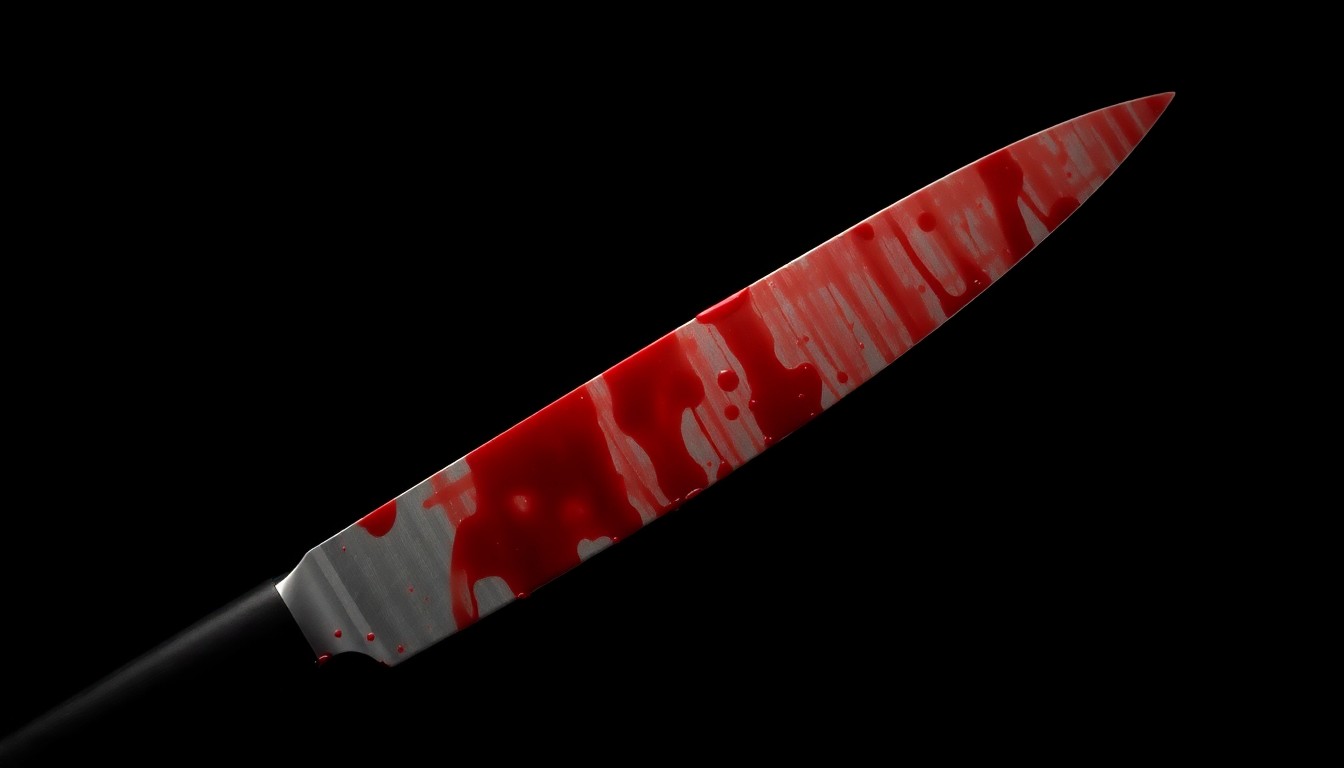 An extreme close-up of a bloodied kitchen knife, the harsh flash illuminating the blade's sharp edges and the dark, textured handle, creating a stark, gritty image that conceptually represents the violence of this crime.