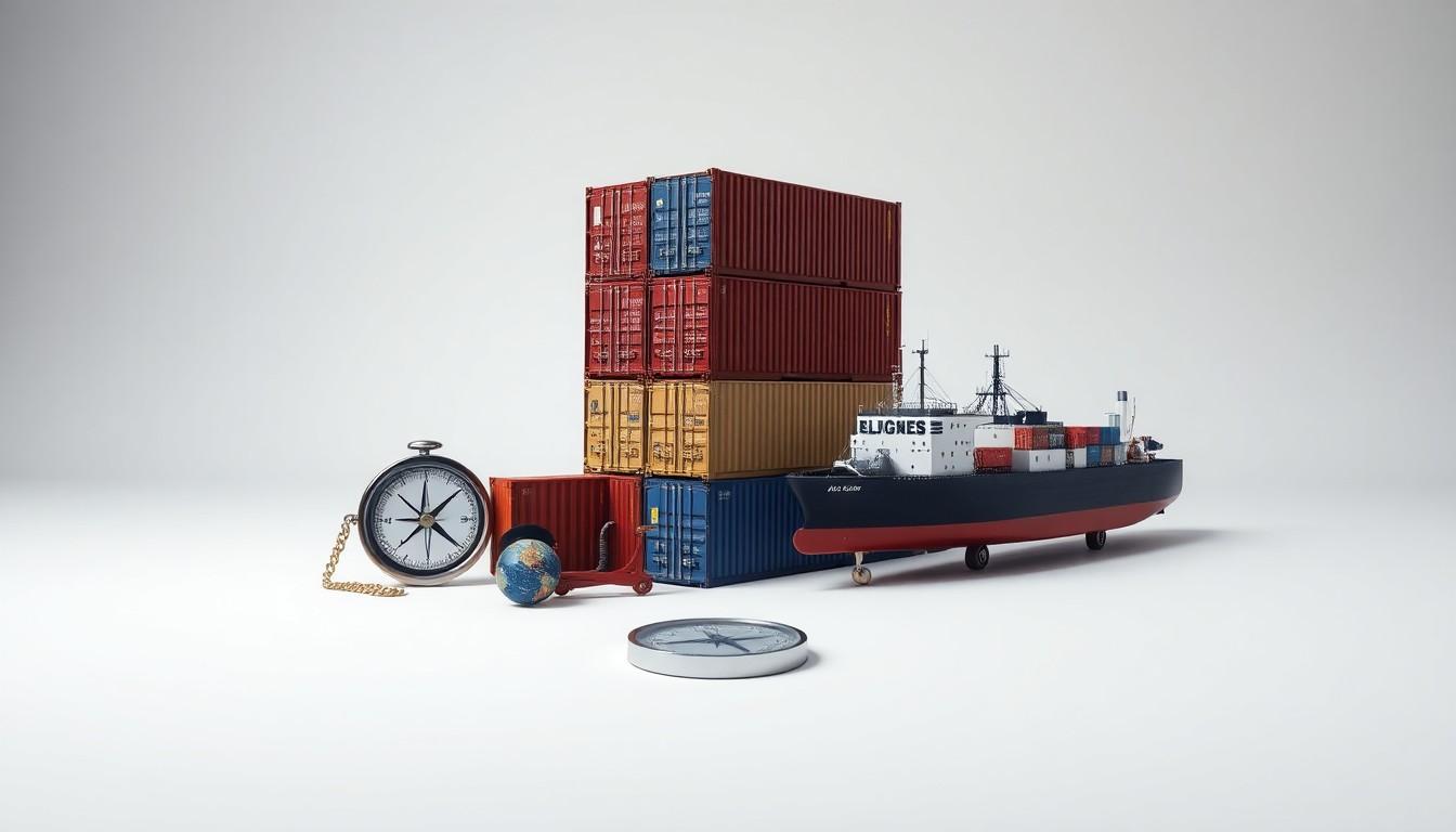 A photorealistic studio still life featuring a stack of shipping containers, a compass, and a model oil tanker ship, arranged elegantly on a clean, monochromatic background to symbolize the global trade disruptions caused by the Iran conflict.