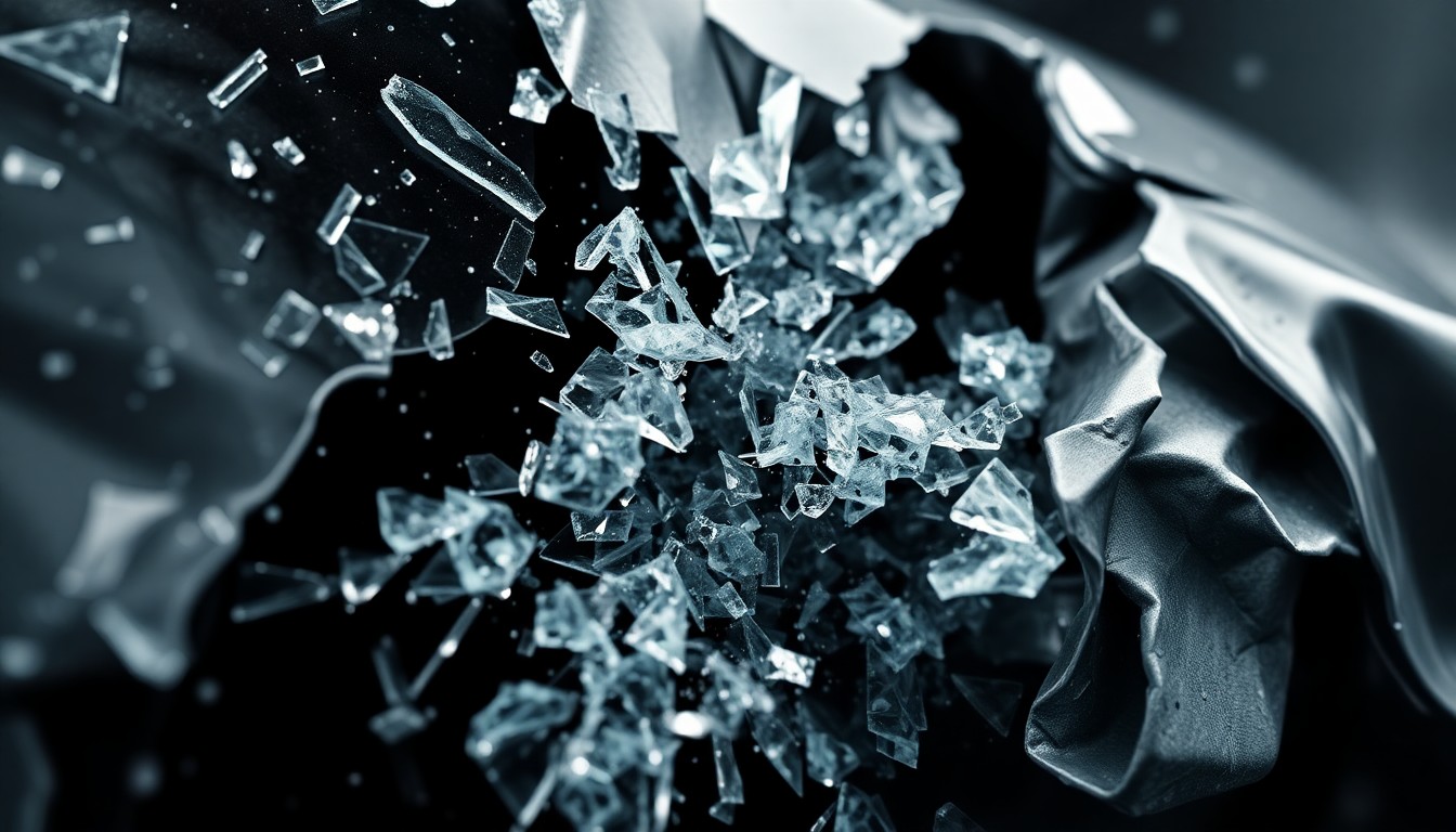 An extreme close-up photograph of shattered glass and crumpled metal, abstractly representing the aftermath of a low-speed collision without depicting any literal objects or people.