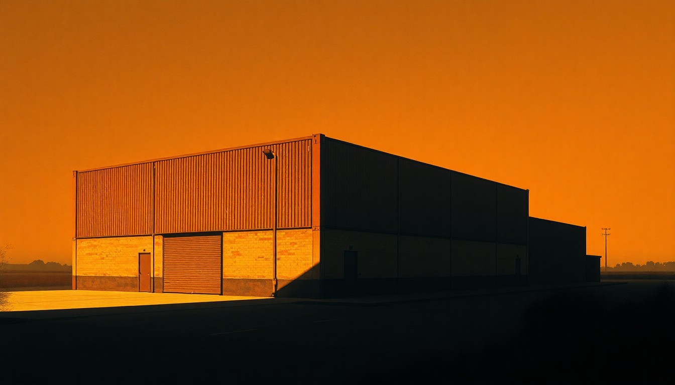 A photorealistic painting of a large, nondescript warehouse building set against a backdrop of urban buildings, with the structure bathed in warm, golden light and deep shadows, creating a sense of quiet contemplation about its purpose.