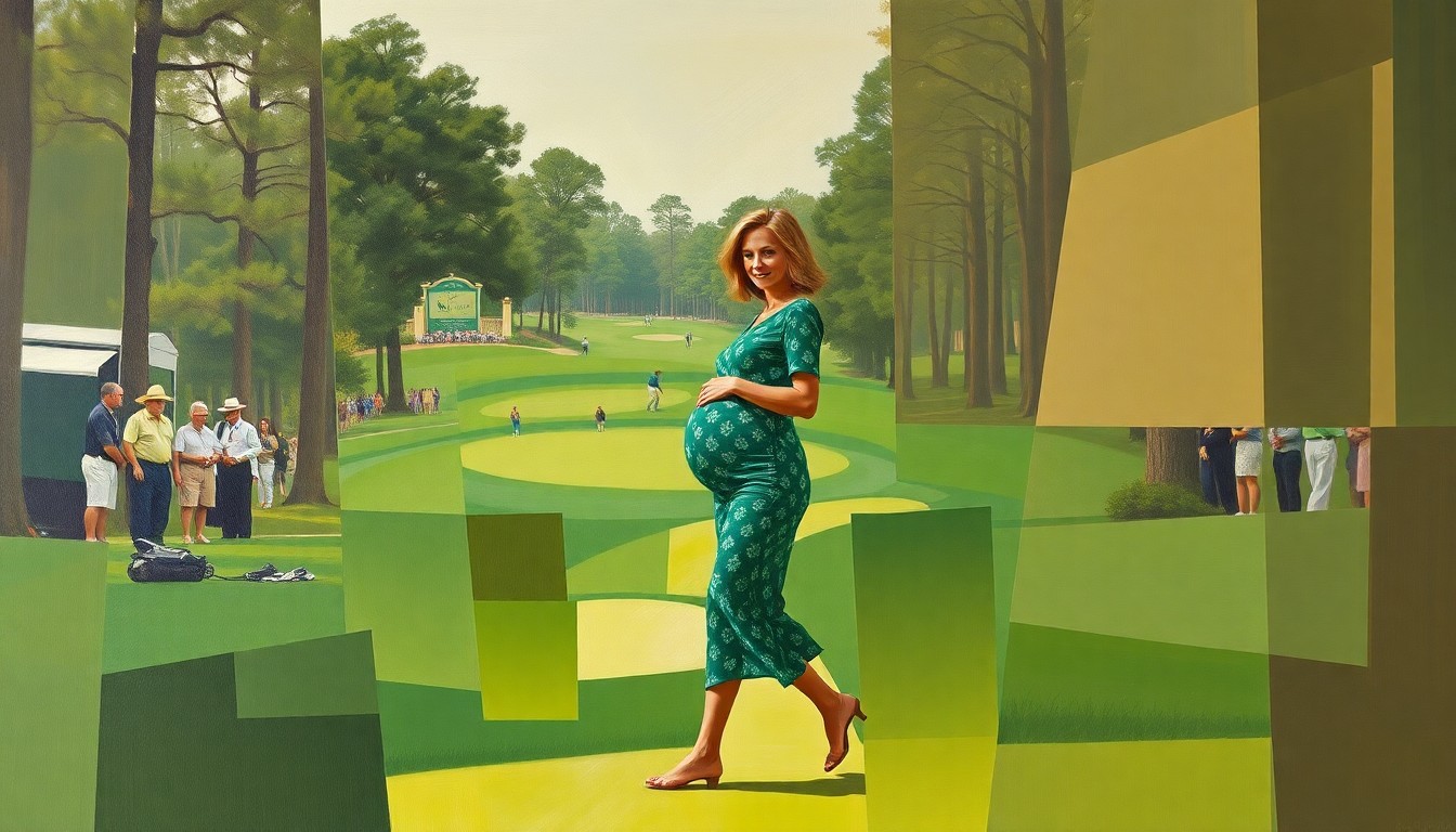 A fragmented, geometric painting depicting a pregnant woman walking through the grounds of Augusta National Golf Club during the Masters tournament, the scene broken down into sharp, overlapping planes of color and form.