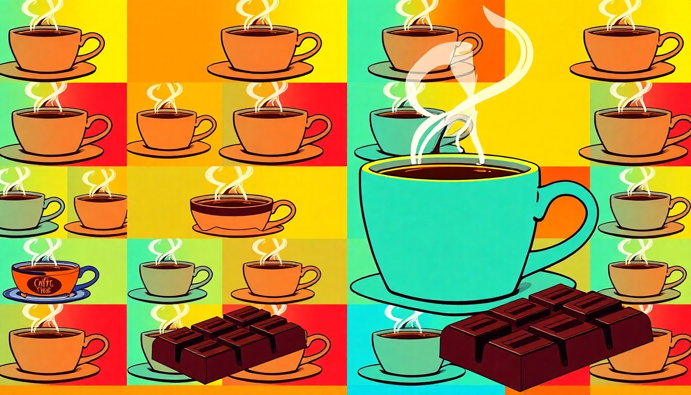 A visually striking, high-contrast silkscreen print featuring repeating images of a steaming cup of coffee and a chocolate bar in a grid, rendered in a bold, neon color palette that captures the vibrant energy of a community food festival.