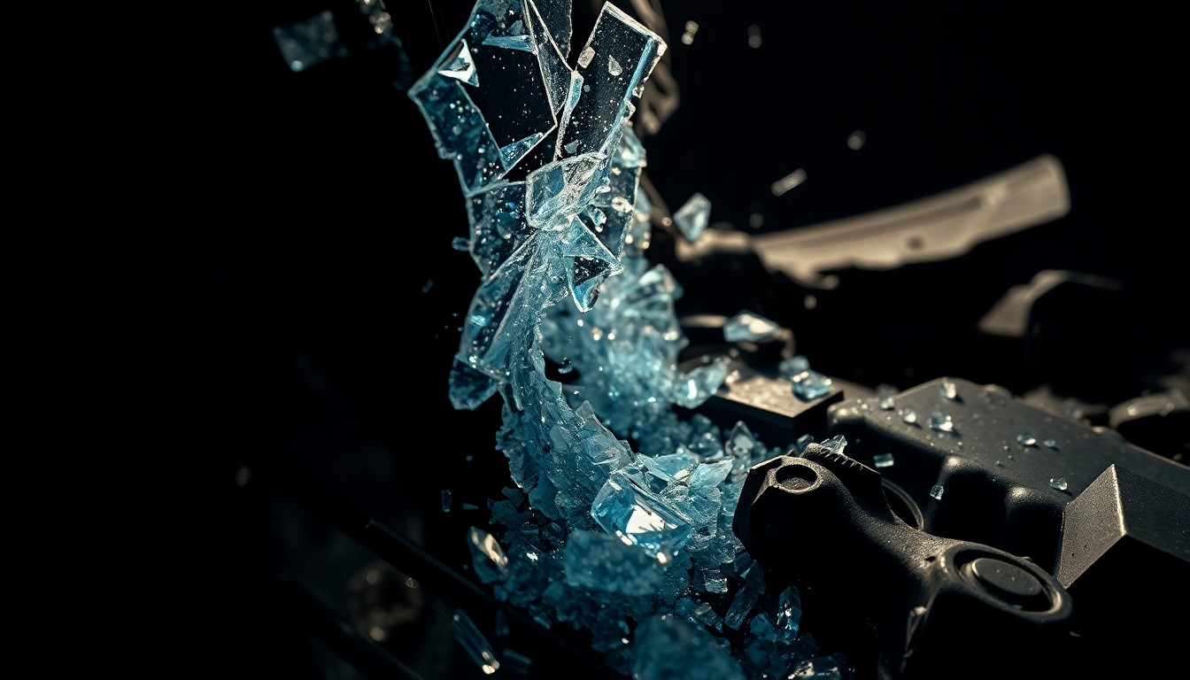 An abstract close-up photograph of shattered glass and twisted metal, conveying the tension and unease of a car accident through dramatic lighting and texture.