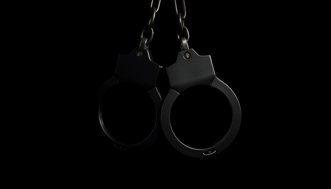 An extreme close-up photograph of a set of handcuffs against a pitch-black background, the metal gleaming under the harsh, direct lighting, creating a stark, gritty, and investigative aesthetic.