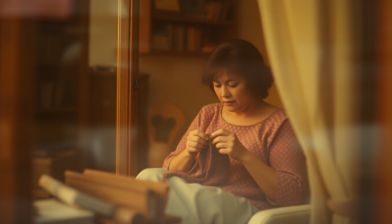 An extremely blurred, impressionistic photograph of a woman's hands knitting by a rain-streaked window, capturing the gentle, domestic spirit of Frances Mattix.