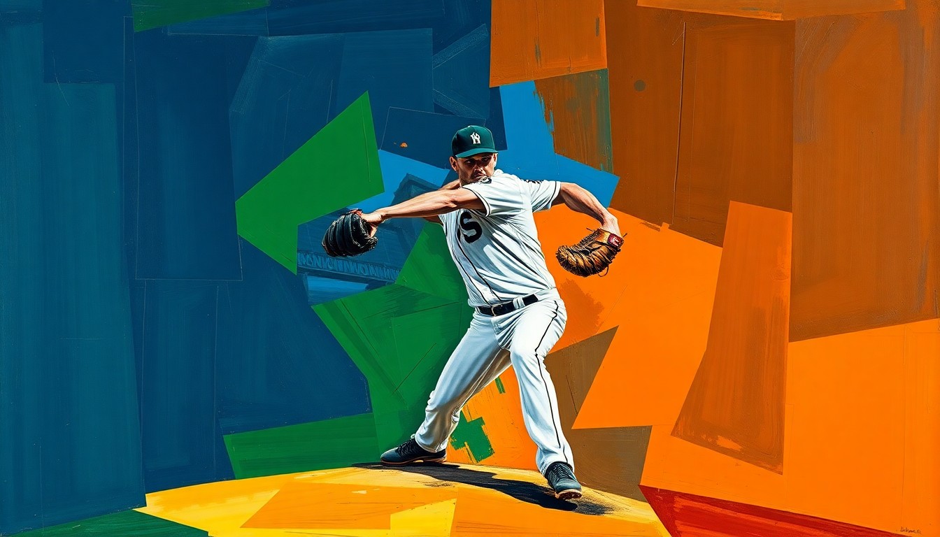 A cubist, geometric painting depicting a baseball pitcher's windup and delivery, with sharp, overlapping planes of navy blue, forest green, and burnt orange colors.