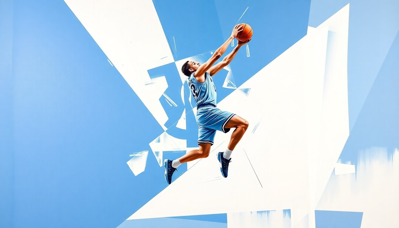 A cubist-style painting depicting a college basketball player in mid-motion, their body and movements fractured into sharp, overlapping geometric shapes in shades of blue and white.