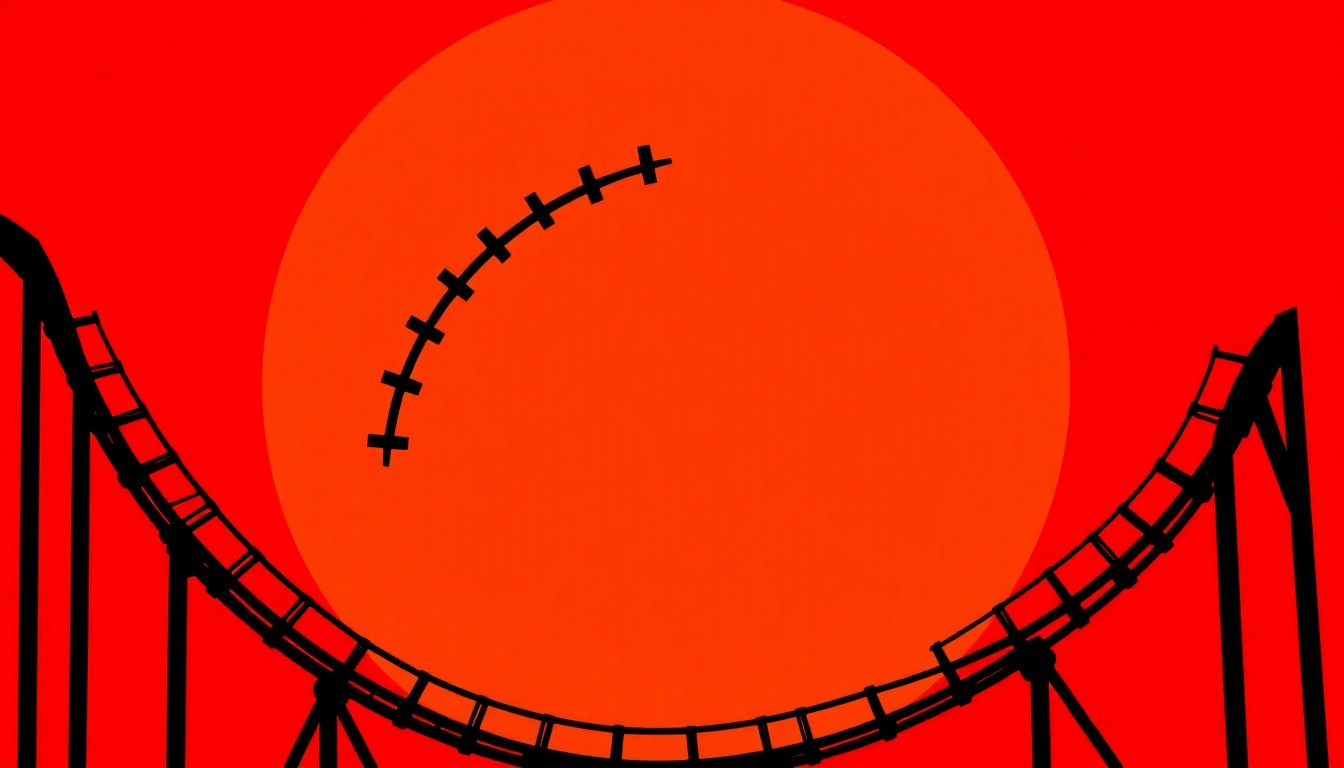 A dramatic black silhouette of a classic roller coaster loop against a bright red background, conveying the nostalgic energy of an amusement park ride.