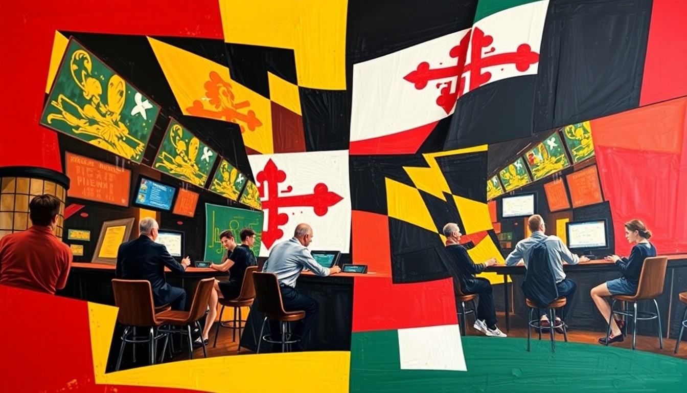 A fragmented, geometric painting depicting the dynamic world of sports betting, with bold colors and overlapping shapes that capture the thrill of the game.