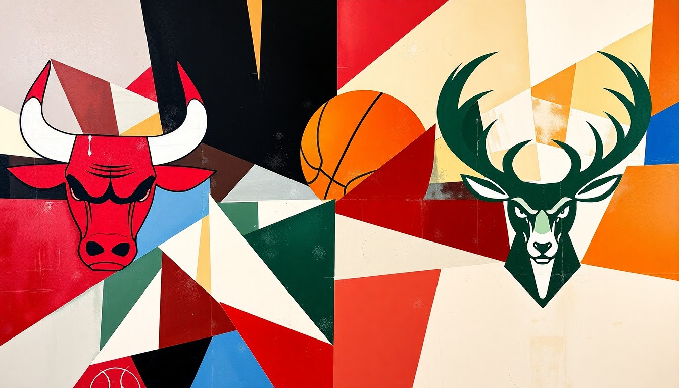 A cubist, geometric painting depicting a basketball game or match, with sharp, overlapping planes of color representing the chaotic and fractured state of the Chicago Bulls organization.