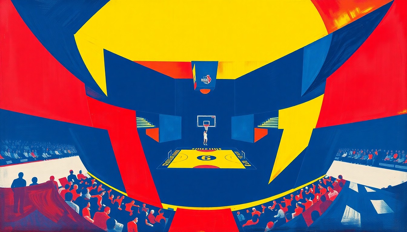 A cubist, geometric painting depicting a fragmented college basketball game, with sharp planes of navy, crimson, and yellow overlapping to create a dynamic, abstract composition.
