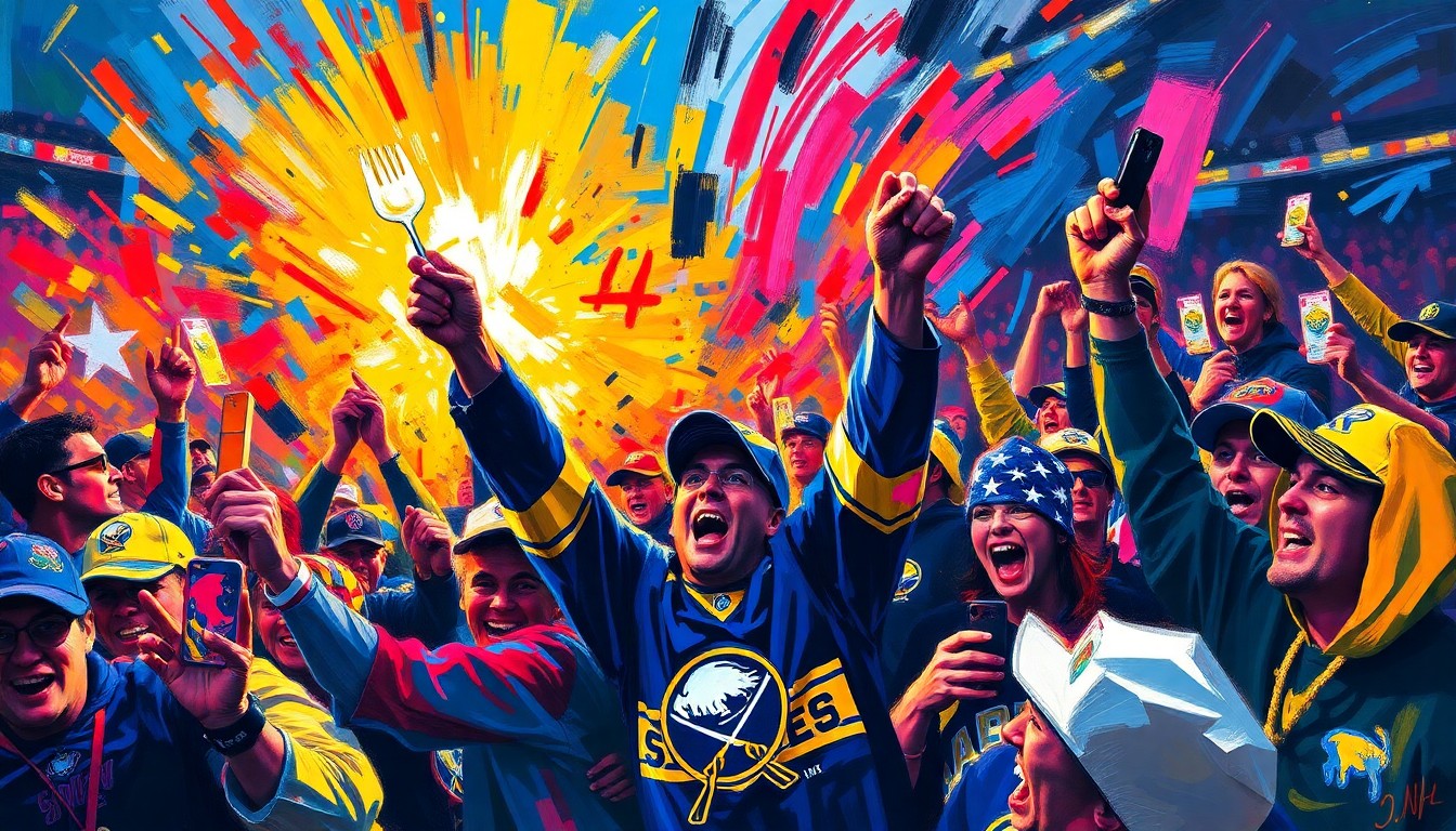 An abstract, expressionist painting featuring bold, neon-colored brushstrokes that capture the energy and excitement of Buffalo Sabres fans celebrating their team's return to the NHL playoffs.
