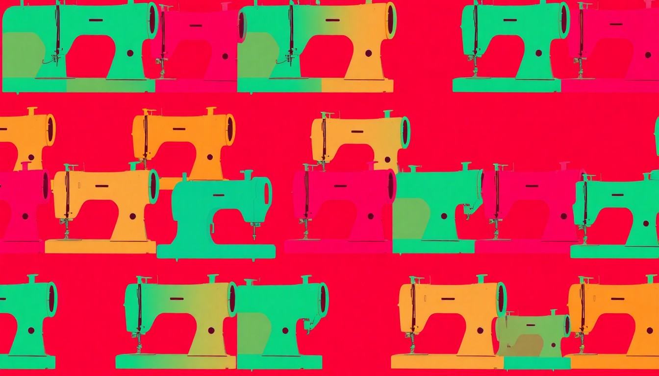 A brightly colored, high-contrast silkscreen print featuring a sewing machine repeated in a tight grid pattern, with flat, unnatural neon colors and heavy black outlines, conceptually representing the enduring importance of the tailoring profession.