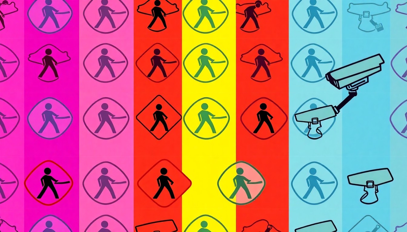 A bold, graphic silkscreen print in neon pink, yellow, and blue featuring a repeated icon of a school crossing guard symbol, conceptually representing the safety and security measures at Cullman City Primary School.