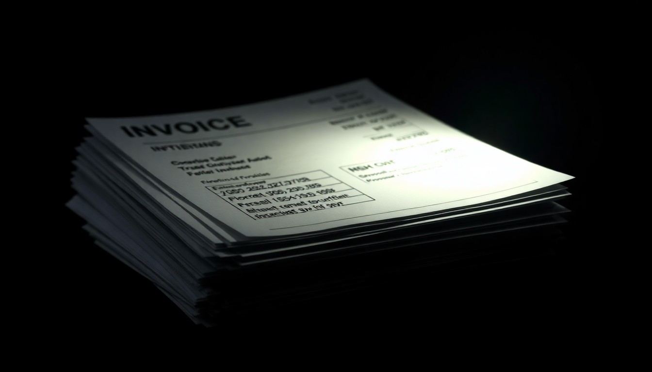 An extreme close-up photograph of a stack of crumpled financial documents, the harsh flash creating dramatic shadows and textures that evoke a sense of serious investigation into a complex financial crime.
