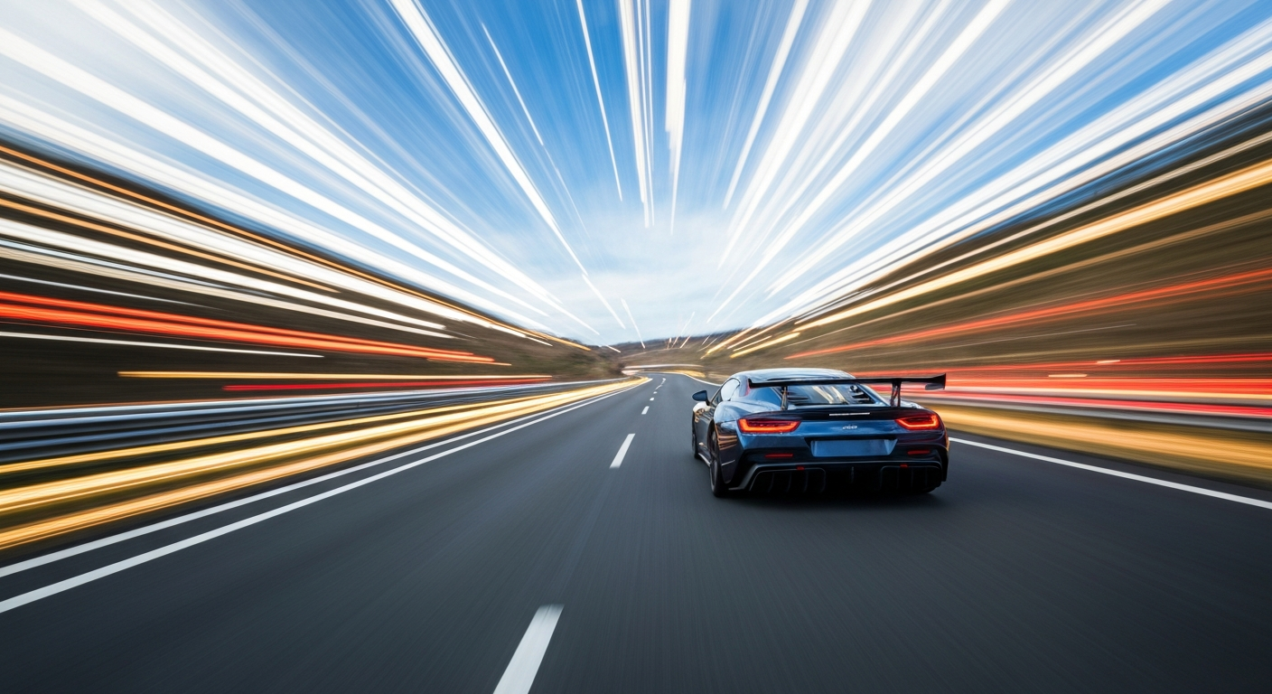 An abstract, sweeping image of a high-performance sports car blurred into vibrant streaks of color and motion, conveying the energy and chaos of the Aurum 1006 km endurance race on the highways of Lithuania.