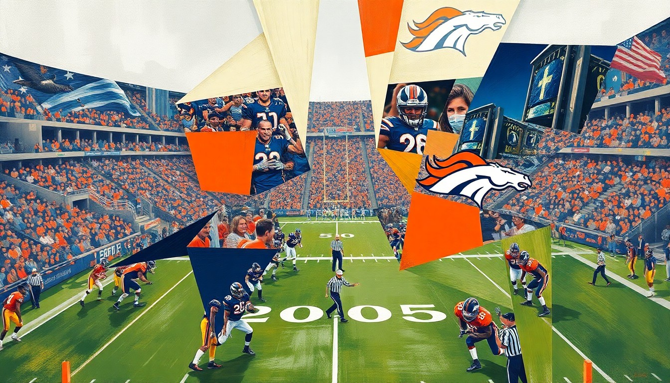 A cubist, geometric painting depicting fragmented and overlapping shapes representing a Denver Broncos football scene, capturing the complex strategic decisions facing the team's front office as they approach the 2026 NFL Draft.