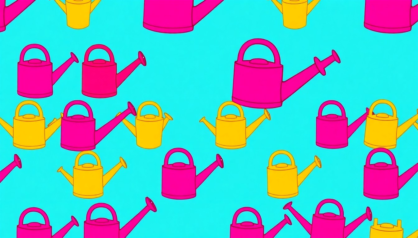 A brightly colored, high-contrast silkscreen print of a garden hose repeated in a tight grid pattern, utilizing flat, vibrant neon colors and heavy black outlines to transform an everyday gardening tool into modern pop art.