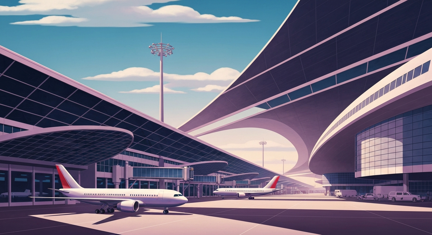 A highly stylized, geometric illustration depicting the sweeping, monumental architecture of an airport terminal, with smooth gradients of blues and grays conveying a sense of scale and grandeur associated with air travel.