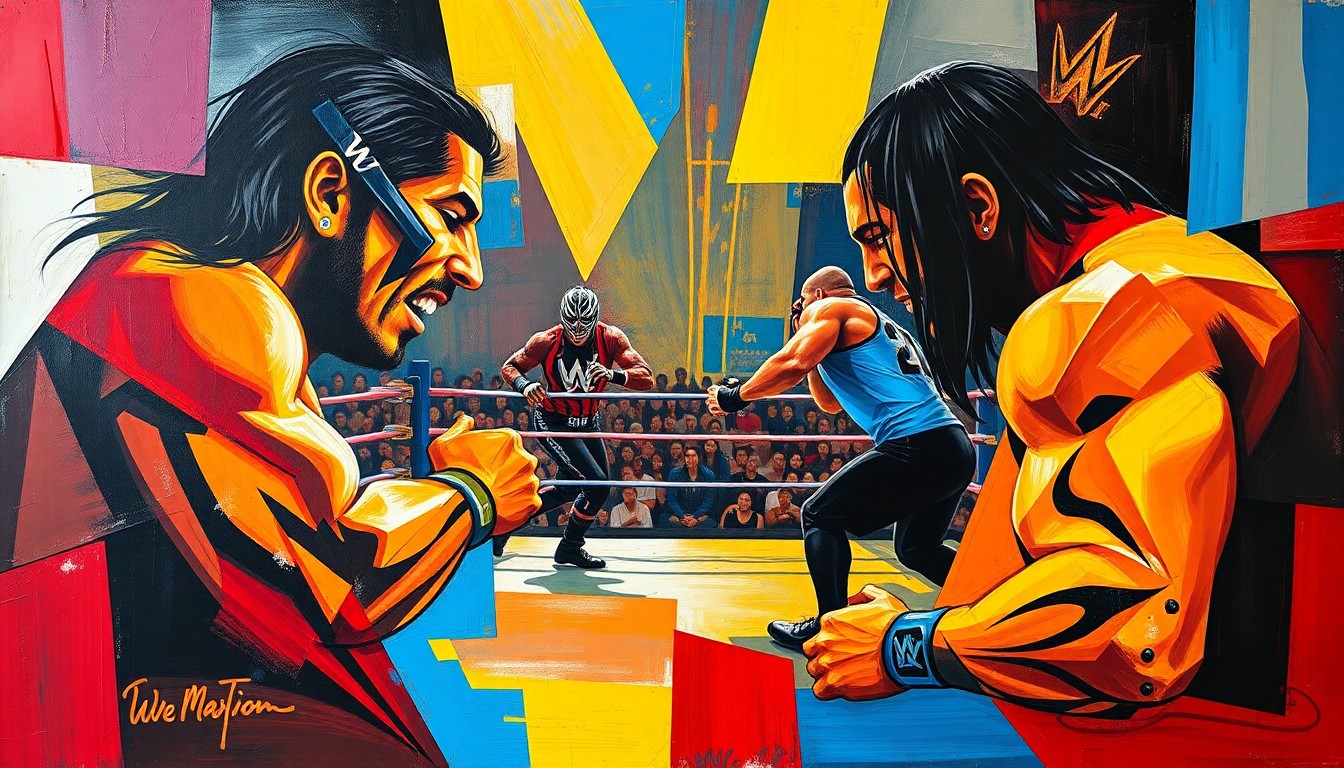 A fragmented, geometric painting depicting a wrestling match, with sharp planes of color and overlapping perspectives, conveying the raw intensity of the sport.