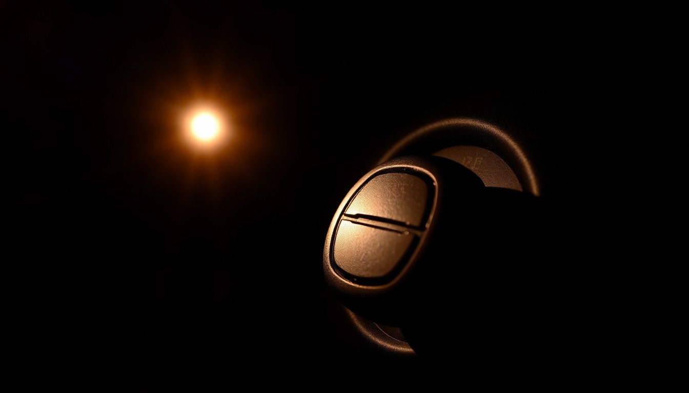 An extreme close-up of a car key and ignition switch, dramatically lit by a harsh flash against a dark background, conveying the serious risks of drunk driving.