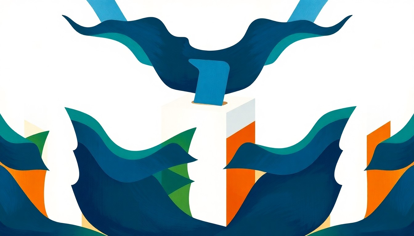 An avant-garde painting featuring overlapping, geometric shapes in shades of blue, green, and orange, conceptually representing the disruption and fragmentation of the electoral process in Green Bay.
