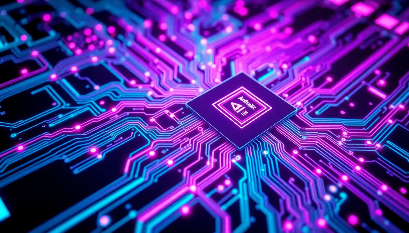 A highly detailed, glowing 3D illustration of a complex circuit board with intricate patterns of illuminated neon cyan and magenta lines, conceptually representing the advanced hardware infrastructure powering Anthropic's AI models.