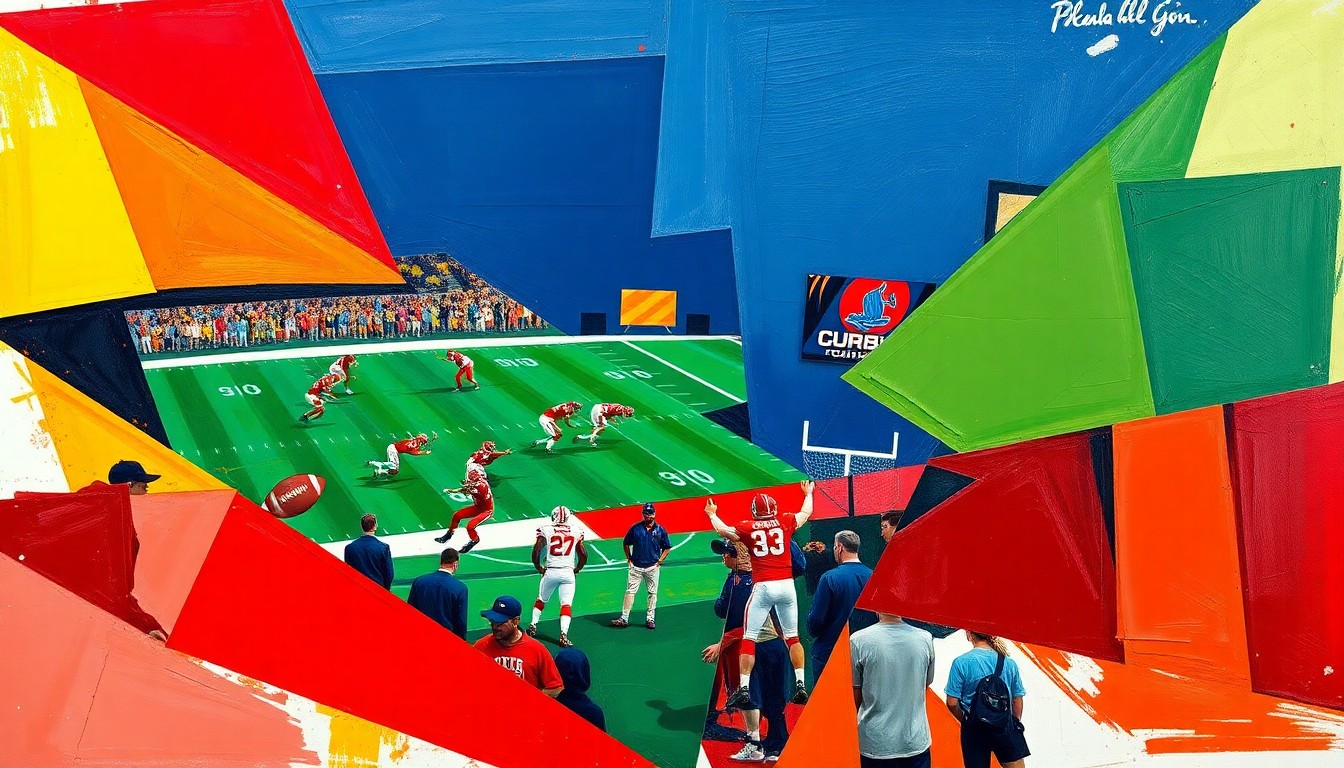 A fractured, multi-perspective painting in bold, overlapping geometric shapes and planes, using a vibrant color palette to conceptually represent the competitive nature of college football recruiting.