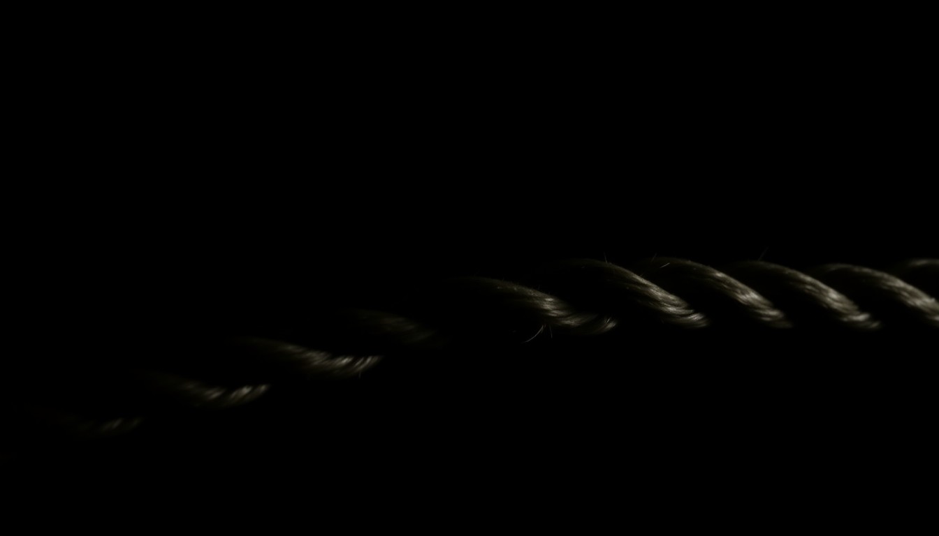 An extreme close-up photograph of a rope, lit by a harsh, direct camera flash against a pitch-black background, conceptually representing the disturbing details of a child's murder.