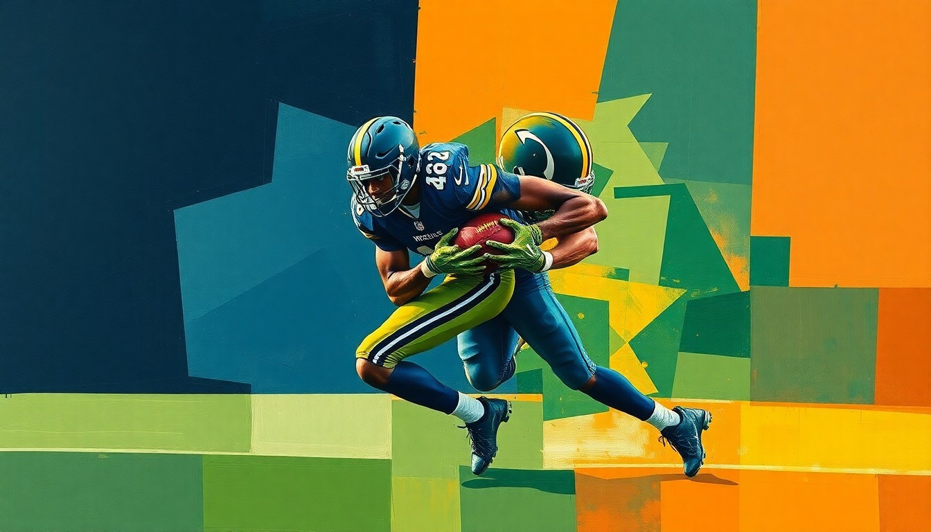 A fractured, geometric painting depicting the powerful movements of a defensive tackle making a tackle, with sharp planes of navy, green, and orange colliding to create a dynamic, abstract scene.