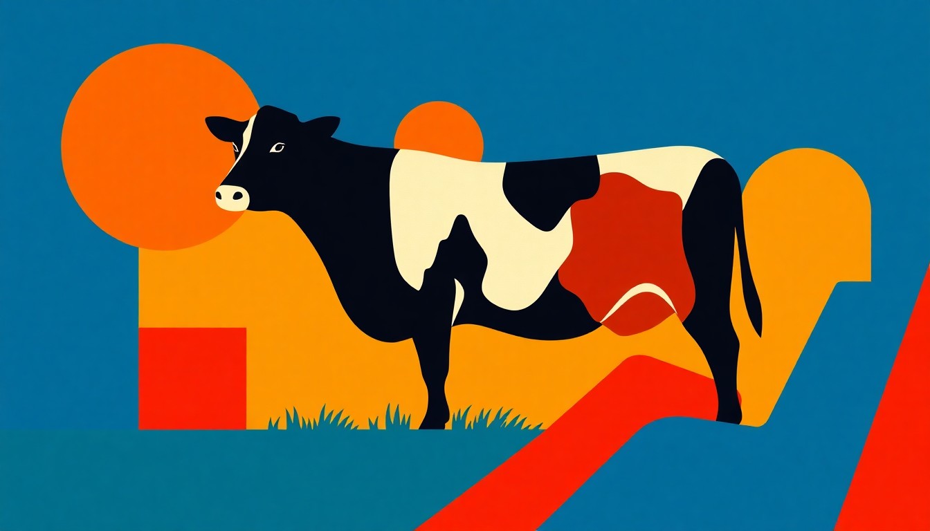 A vibrant abstract illustration composed of intersecting triangles and rectangles in shades of red, blue, and yellow, conceptually representing the upward trend in cattle futures and prices.