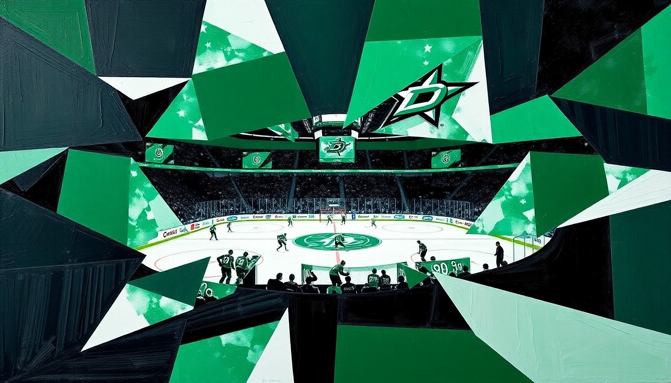 A cubist, geometric painting depicting a fragmented Dallas Stars hockey game, with sharp planes of green, black, and white overlapping to create a sense of motion and energy.