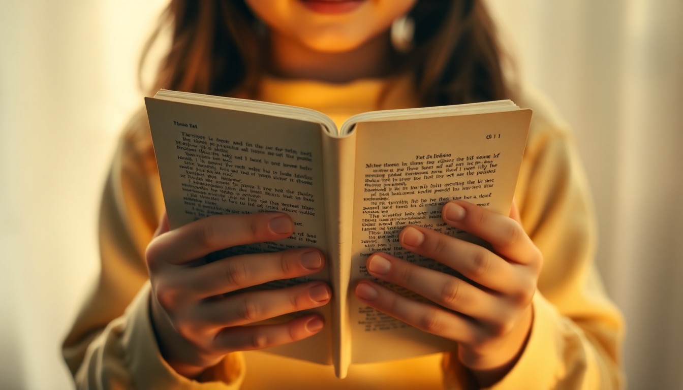 An extremely abstracted, out-of-focus photograph of a person's hands holding an open book, surrounded by a warm, soft glow of light, conceptually representing the focus and passion of a young spelling bee competitor.