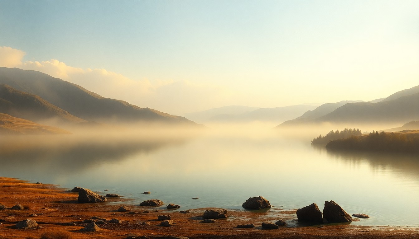 A sweeping landscape painting in muted earth tones, depicting a large lake with low water levels and exposed shoreline, surrounded by rolling hills shrouded in a hazy, atmospheric light.
