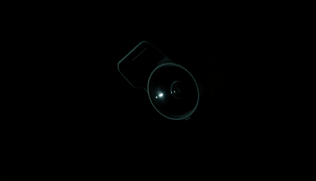 An extreme close-up photograph of a security camera on Rikers Island, lit by a harsh, direct camera flash against a pitch-black background, creating a stark, gritty, investigative aesthetic.