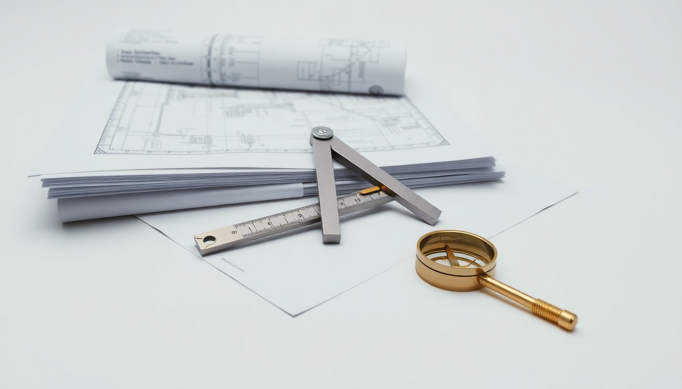 A minimalist studio still life featuring a stack of engineering blueprints, a sleek silver protractor, and a polished brass compass on a clean white background, symbolizing Exponent's technical expertise and forward-thinking approach.