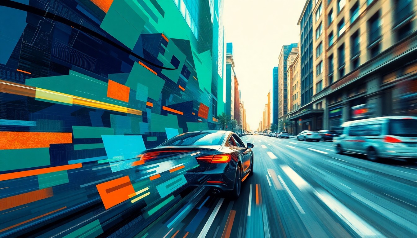 A vibrant, abstract painting depicting a car rapidly moving down a city street, with overlapping geometric shapes and waves of color representing the dynamic nature of traffic and the need for improved safety measures.