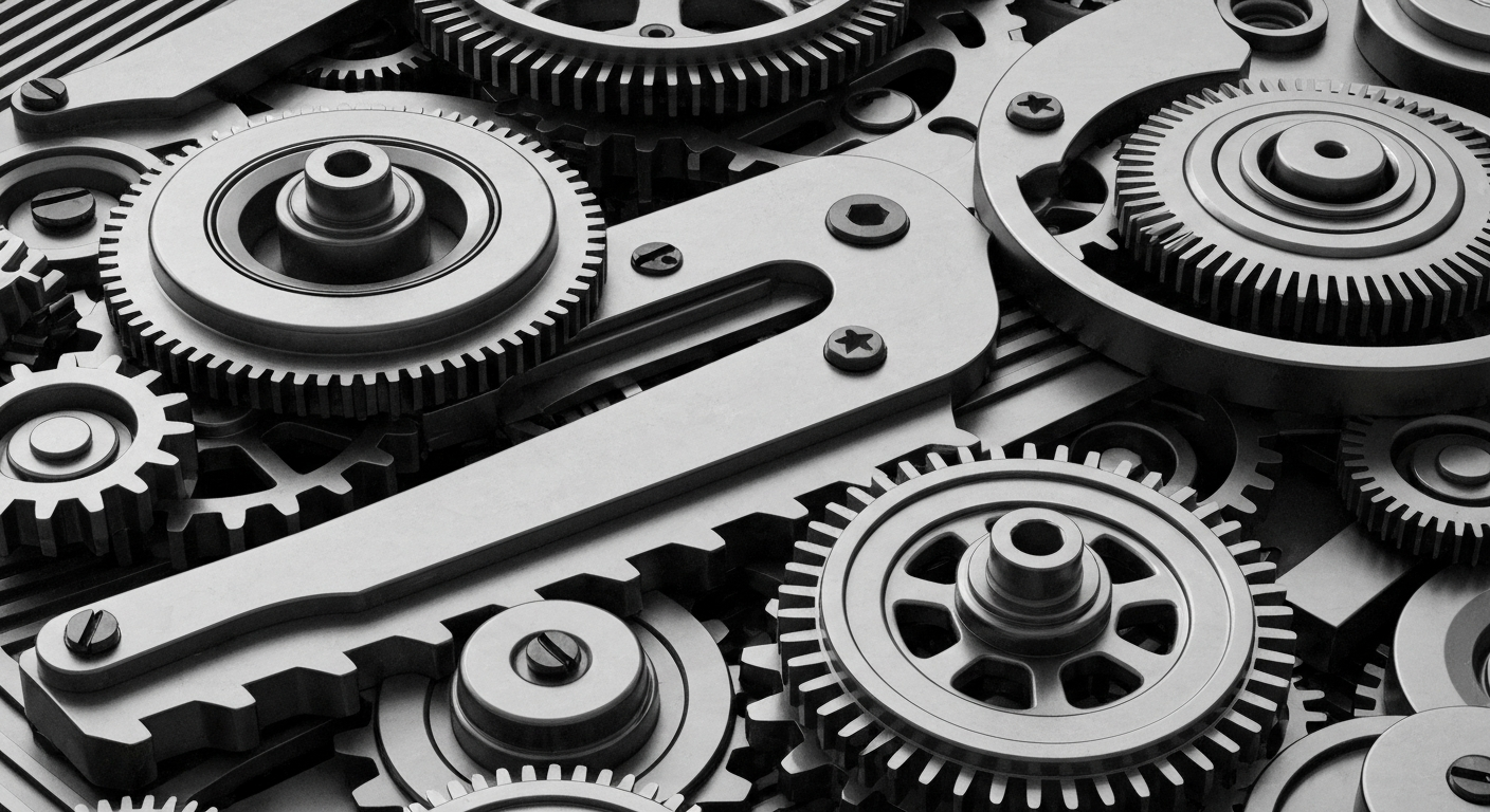 An extreme close-up of a complex array of metal gears, levers, and mechanisms, conveying a sense of the institutional power and financial security represented by investment management firms.