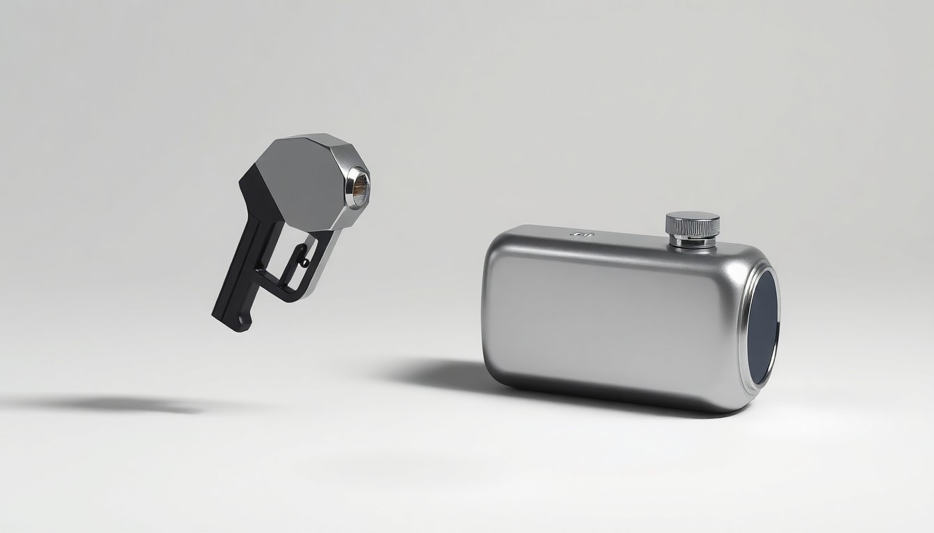 A photorealistic studio still-life image featuring a chrome-accented fuel pump nozzle and canister arranged elegantly on a clean, monochromatic background, conceptually representing the financial performance and retail strategy of the fuel and convenience store industry.