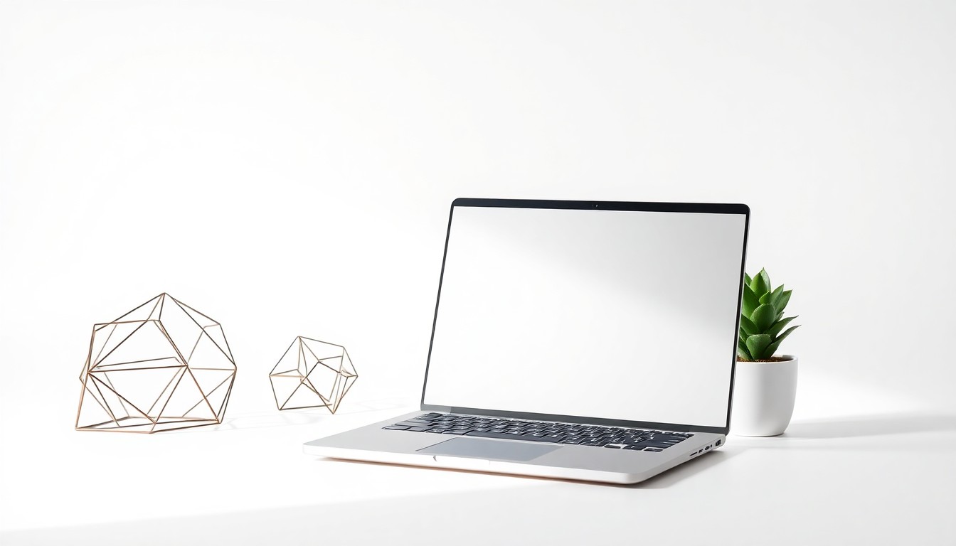 A minimalist, photorealistic studio still life featuring a sleek laptop, a geometric desk organizer, and a small potted plant, conceptually representing the growth and innovation of the AI industry in San Francisco.