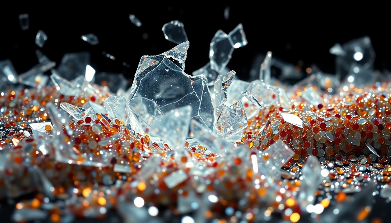 An abstract, high-contrast close-up photograph featuring shattered glass and glittering sequins, conceptually representing the pressures and allure of the entertainment industry.
