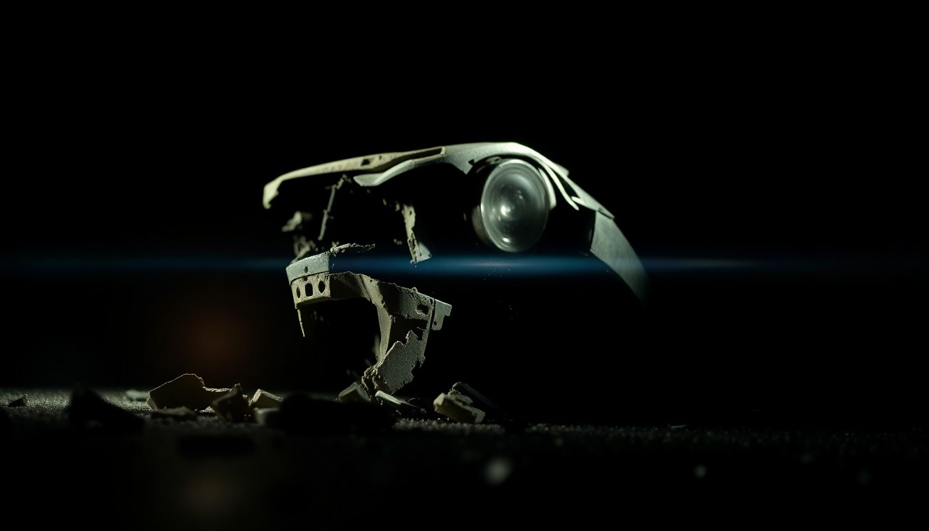 An extreme close-up photograph of a damaged car part or debris from the crash site, lit by a harsh, direct camera flash against a pitch-black background, conceptually illustrating the gritty aftermath of the incident.