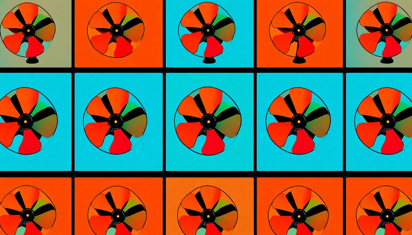 A bold, colorful silkscreen illustration featuring a repeating pattern of a single, iconic vintage fan design in a grid, capturing the playful and artistic spirit of the fan-making workshop at Madison at The Range.