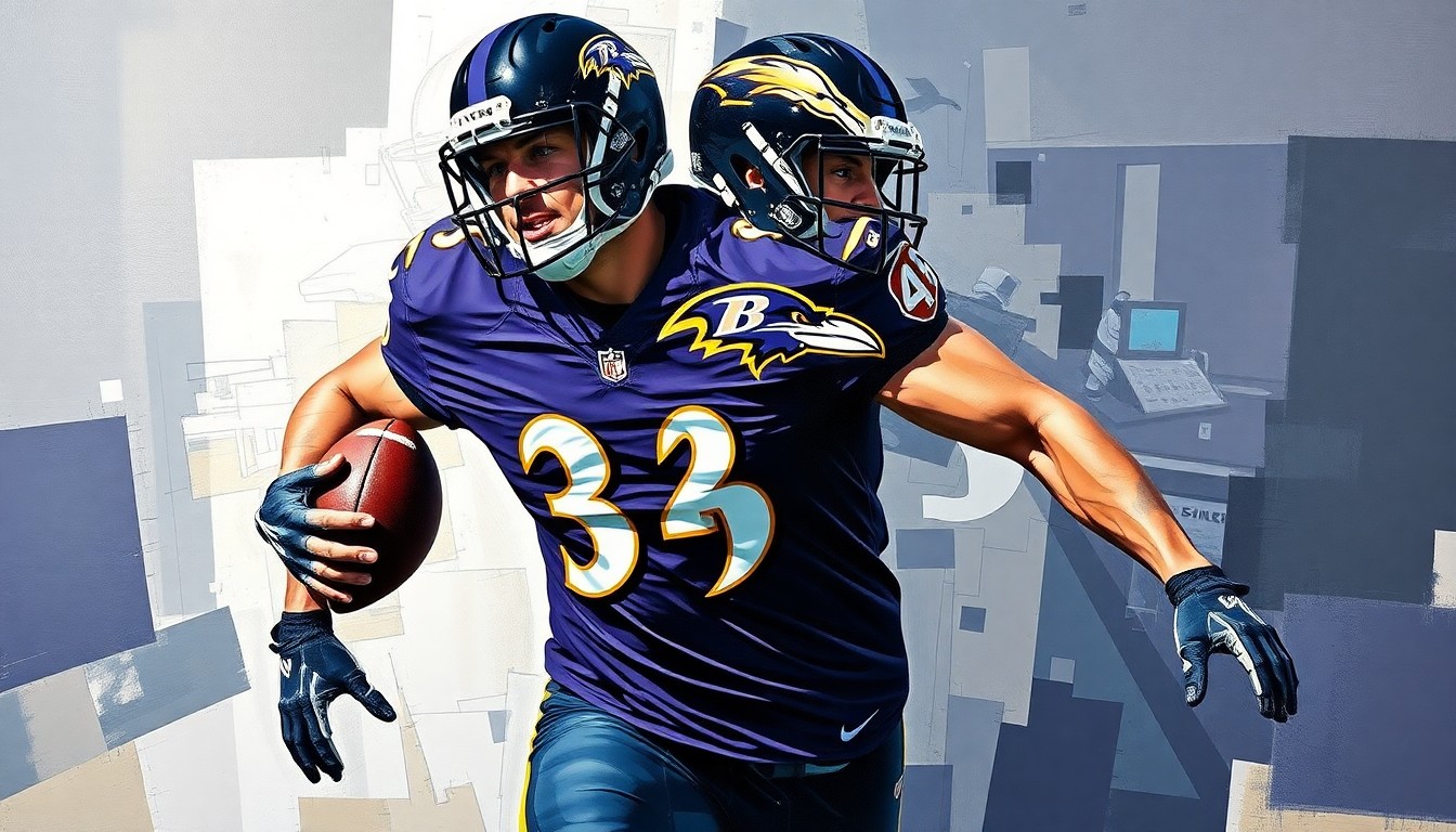 A fragmented, geometric painting depicting a football player in motion, with sharp, overlapping planes of purple and black colors representing the Baltimore Ravens' team colors.