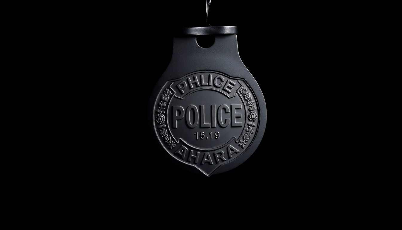 An extreme close-up photograph of a handcuffed police badge against a pitch-black background, the harsh flash creating dramatic shadows and textures to conceptually represent the accountability of law enforcement officers for criminal behavior.
