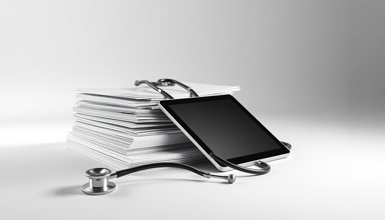 A photorealistic studio still life featuring a stack of medical files, a stethoscope, and a tablet device arranged elegantly on a clean, monochromatic background, conveying the abstract corporate strategy and financial considerations of the healthcare industry.