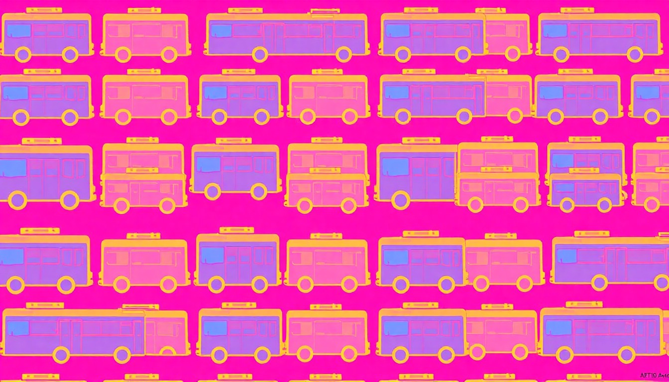A repeating grid pattern of a stylized city bus icon in bright neon colors, conceptually representing the free transportation access for high school students.